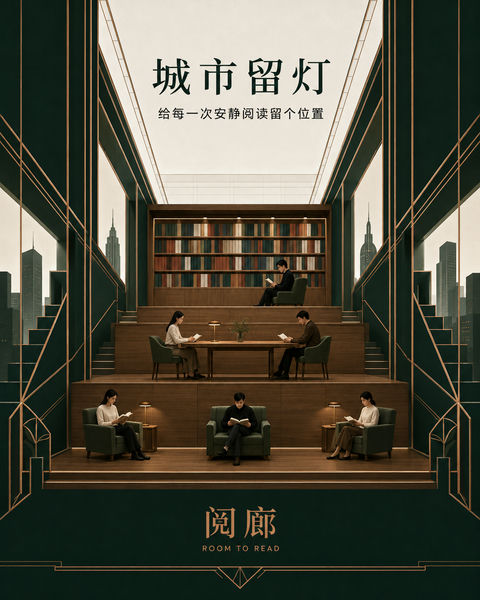 阅廊：快节奏城市中的静谧阅读角落 - AI图片提示词示例