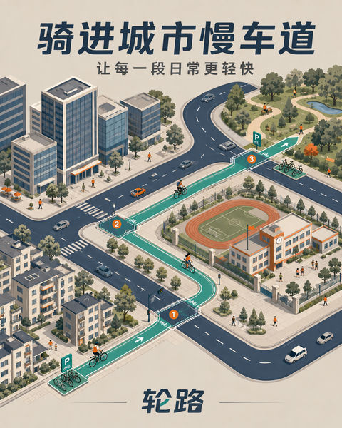 轮路品牌城市慢行系统插画海报 - AI图片提示词示例
