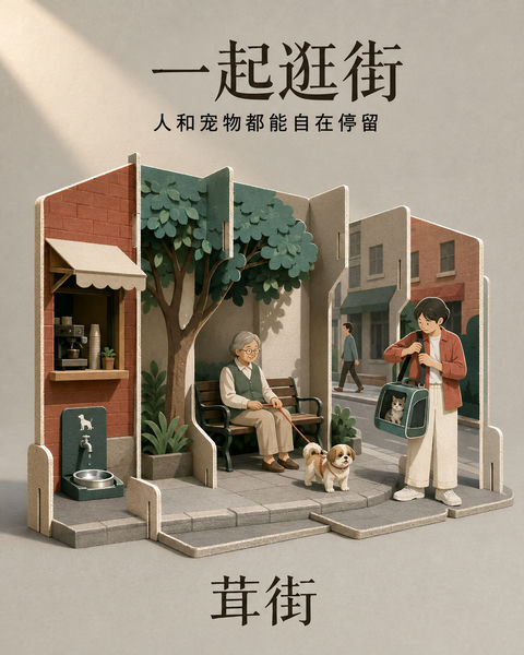 茸街宠物友好空间纸艺立体舞台商业插画 - AI图片提示词示例