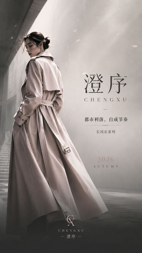 都市利落风长款风衣品牌开屏视觉 - AI图片提示词示例