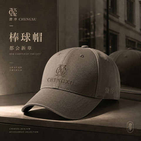 都会极简杂志感：高级奶咖色棒球帽品牌视觉 - AI图片提示词示例