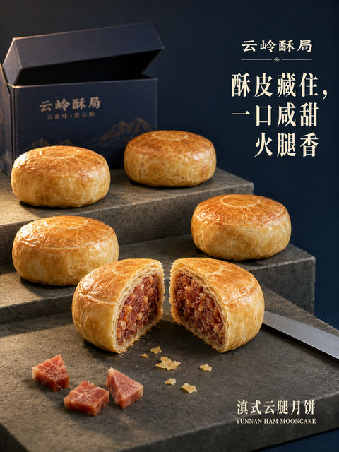云岭酥局滇式云腿月饼海报微距摄影 - AI图片提示词示例