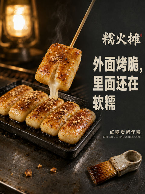 冬夜炭火温润红糖烤年糕海报 - AI图片提示词示例