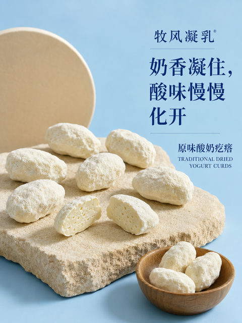 牧风凝乳：新疆酸奶疙瘩极简美学海报 - AI图片提示词示例
