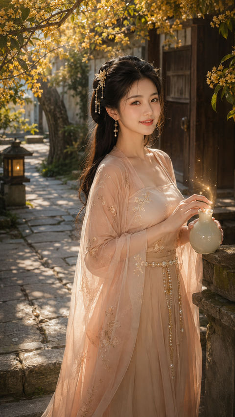 金桂藏秋：唐风仙侠少女酿露图 - AI图片提示词示例