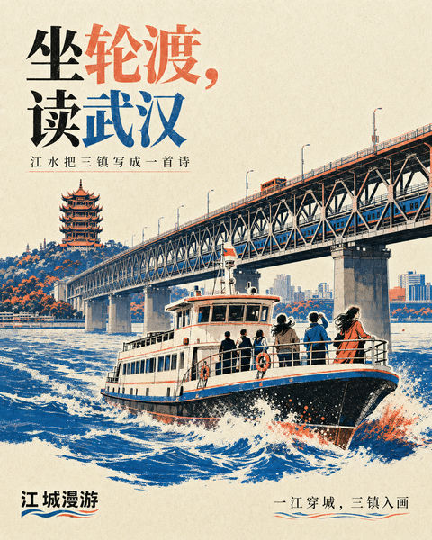 坐轮渡读武汉：江城漫游丝网版画海报 - AI图片提示词示例