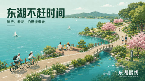东湖慢线等距微缩治愈系品牌插画 - AI图片提示词示例