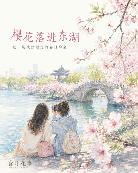 武汉东湖樱花季：春汀花事文旅插画 - AI图片提示词示例