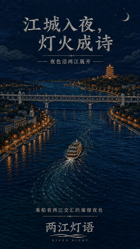 锦绣江城：两江灯语刺绣风夜航插画 - AI图片提示词示例