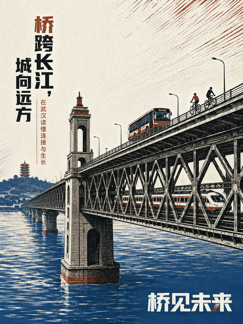 现代木刻版画：跨越长江的城市力量 - AI图片提示词示例
