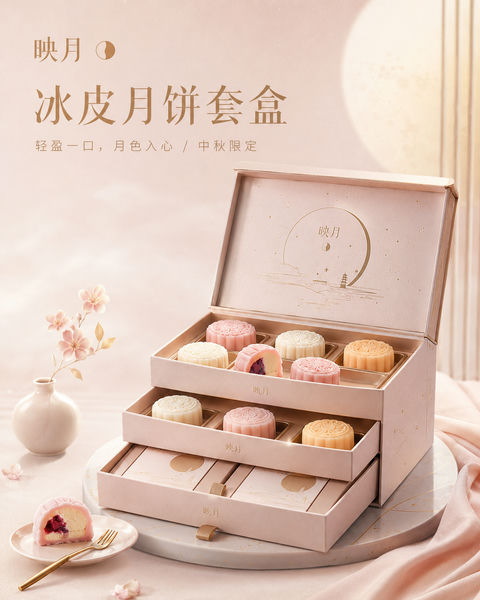 中秋佳节高级感冰皮月饼品牌视觉大片 - AI图片提示词示例