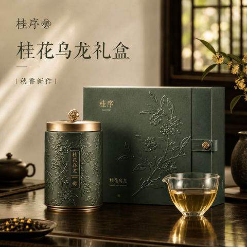 禅意雅致桂花乌龙茶礼盒品牌社交媒体视觉大片 - AI图片提示词示例