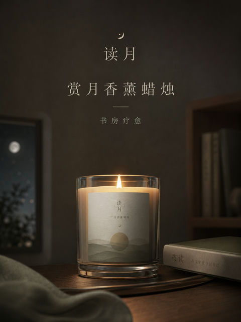 克制与疗愈的深夜书房赏月香薰蜡烛品牌海报 - AI图片提示词示例