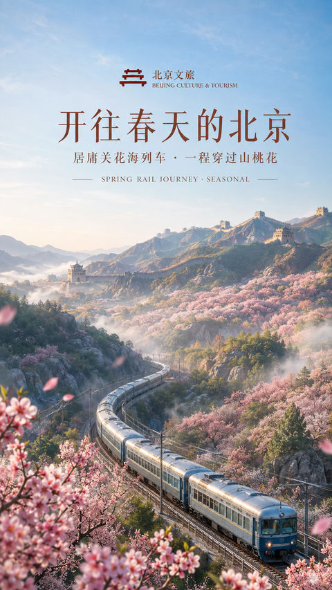 开往春天的北京：居庸关花海列车品牌视觉 - AI图片提示词示例