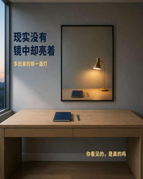虚实之间：镜中多出的暖黄灯火 - AI图片提示词示例