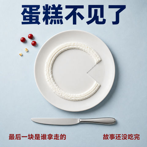 消失的蛋糕：极简悬疑感餐饮海报 - AI图片提示词示例