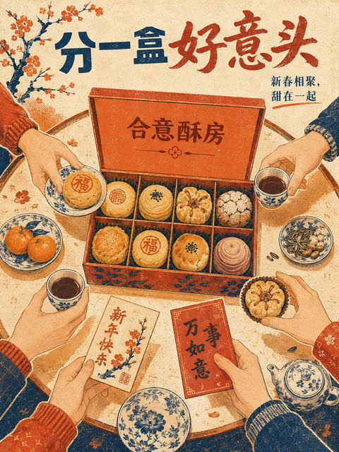 复古丝网版画风合意酥房新春团圆海报 - AI图片提示词示例