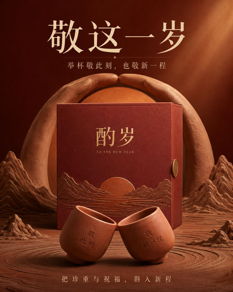 酌岁品牌春节陶土雕塑风商业艺术插画 - AI图片提示词示例