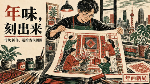 年味刻进生活：现代木刻版画国潮插画 - AI图片提示词示例