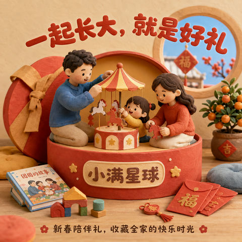 小满星球新春黏土风亲子陪伴礼盒插画 - AI图片提示词示例