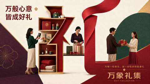 万象礼集：现代几何拼贴新春礼赠视觉 - AI图片提示词示例