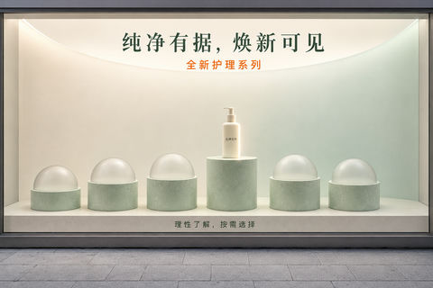 晨露实验台：纯净秩序下的极简美妆橱窗 - AI图片提示词示例