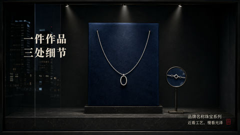 深蓝绒面衬托下的克制奢华珠宝橱窗 - AI图片提示词示例