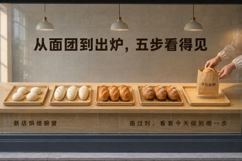 烘焙时间轴橱窗设计：从面团到出炉 - AI图片提示词示例