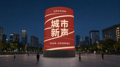 砖红暖白圆柱巨幕城市新声主视觉 - AI图片提示词示例