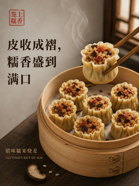 笼上糯香：腊味糯米烧麦中式美学海报 - AI图片提示词示例