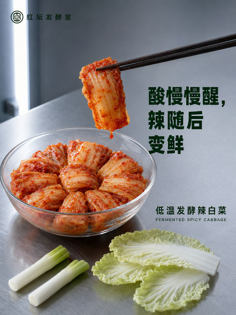 红坛发酵室低温辣白菜微距美食海报 - AI图片提示词示例