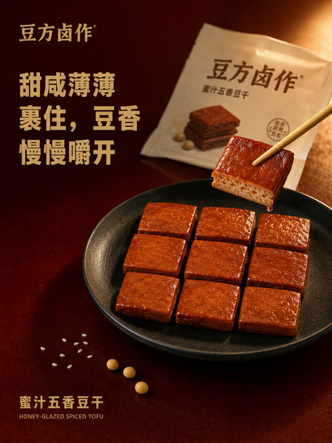 豆方卤作蜜汁豆干微距质感品牌海报 - AI图片提示词示例