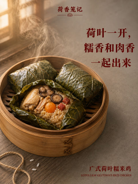荷香笼记广式糯米鸡品牌视觉海报 - AI图片提示词示例