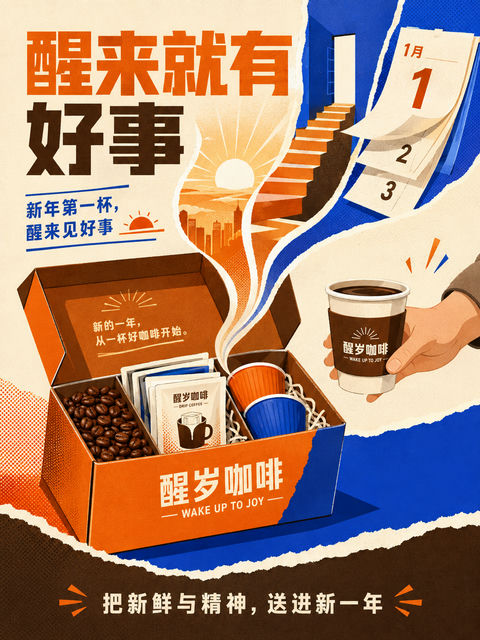 醒岁咖啡：新春开运现代几何拼贴海报 - AI图片提示词示例
