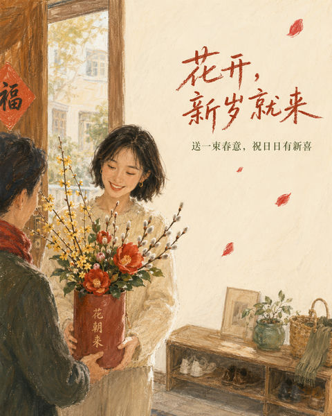 晨光入户花朝来：都市女性的新年花礼插画 - AI图片提示词示例