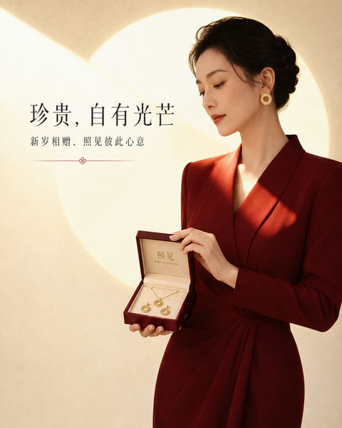 珍贵自有光芒：照见品牌春节珠宝插画 - AI图片提示词示例