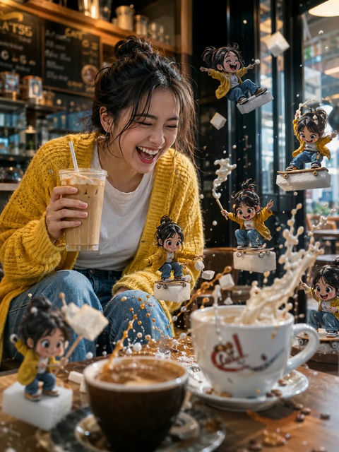 超写实电影摄影黄色开衫女子与卡通分身 - AI图片提示词示例