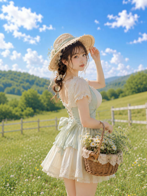 草原牧场运送白花的田园风少女 - AI图片提示词示例
