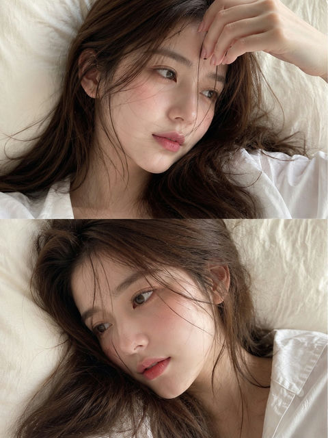 奶油色床上沉思的年轻女性特写美女人像 - AI图片提示词示例