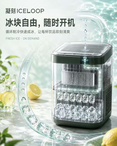 夏日清凉制冰机即时成冰商业视觉海报 - AI图片提示词示例