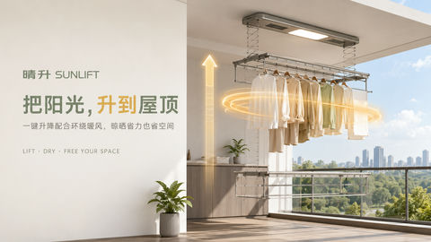 晴升智能晾衣机品牌KV首屏设计 - AI图片提示词示例