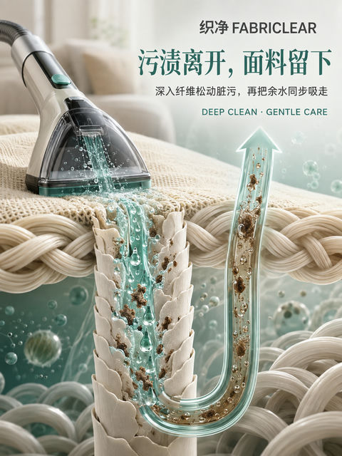 织净品牌海报：微观纤维吸洗分离概念 - AI图片提示词示例