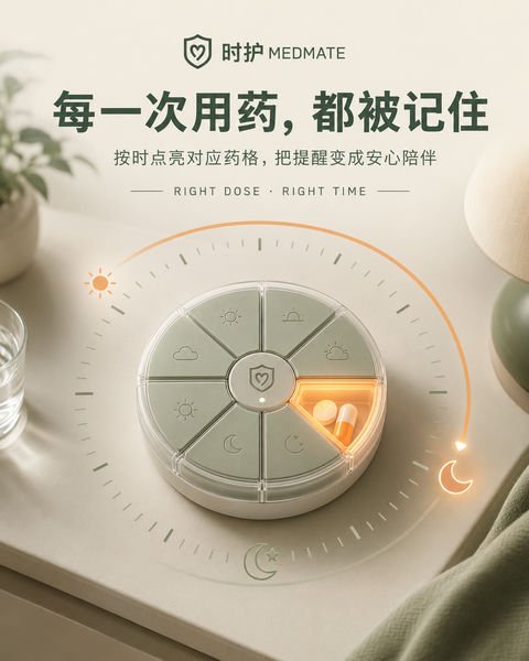 时护智能药盒：每一次用药都被温柔记住 - AI图片提示词示例