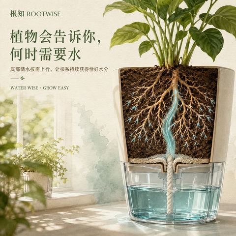 根知品牌自然主义自动浇灌功能概念图 - AI图片提示词示例