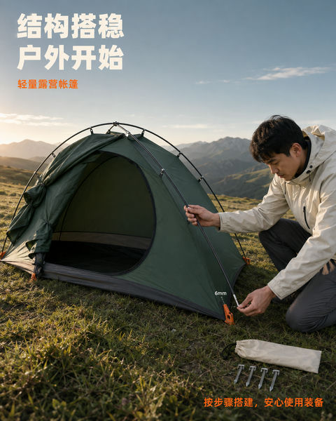 结构之美：专业徒步帐篷搭建细节海报 - AI图片提示词示例