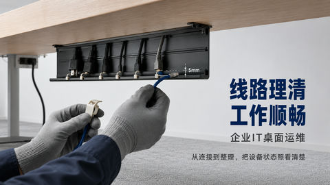 精密运维：办公桌下的理线美学海报 - AI图片提示词示例