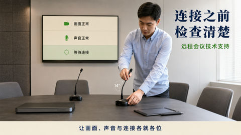 专业远程会议技术支持海报：连接前状态自检 - AI图片提示词示例