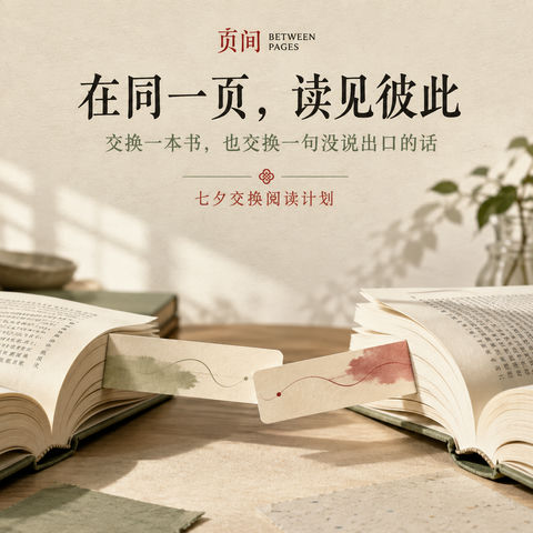 页间读见彼此：书店七夕极简美学品牌视觉 - AI图片提示词示例