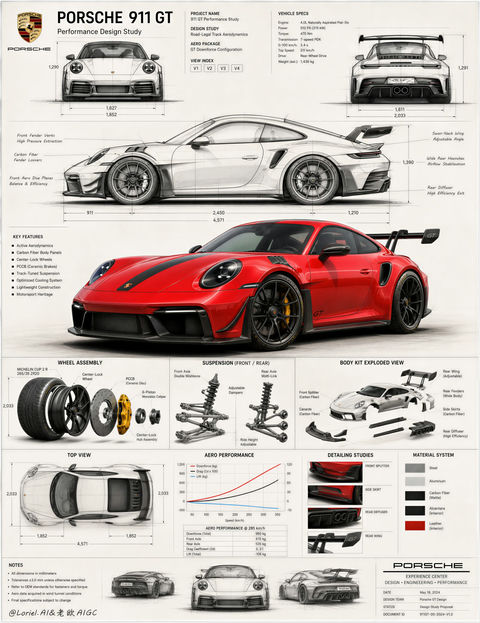 保时捷911GT顶级设计技术提案展示板 - AI图片提示词示例