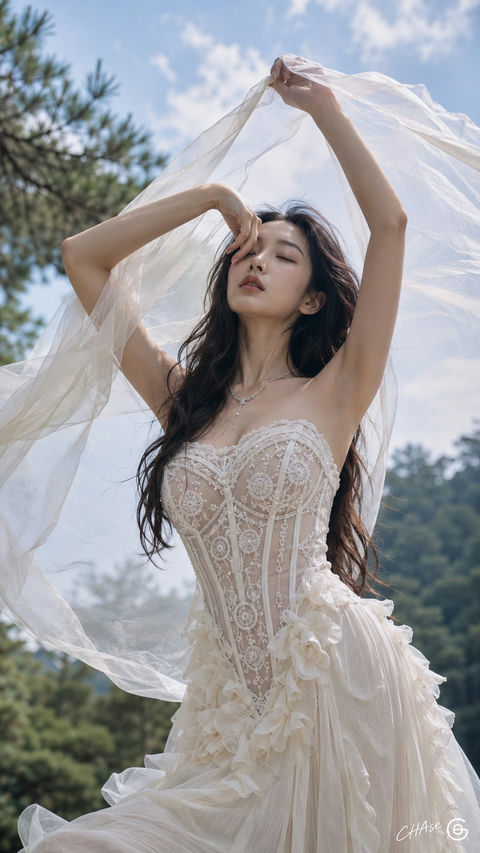 森林仙境白色礼服女神低角度大片 - AI图片提示词示例